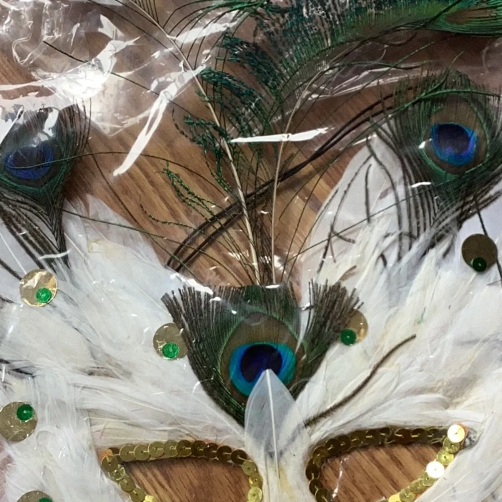 Peacock Feather Party Mask with Gold Accents